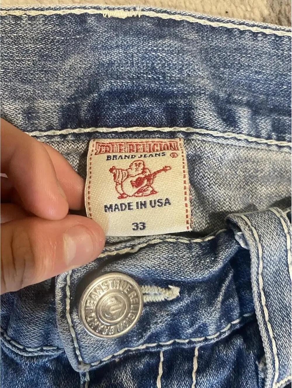 True Religion Mens Sz 33 Section Ricky Giant Big T Seat 34 Thick Stitch Jeans